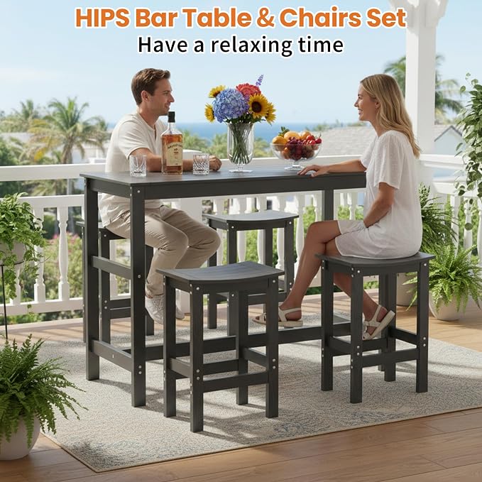5Pcs HIPS Outdoor Bar Set, Weatherproof Patio Bar Table and Chairs Set for Outside, 55" Rectangular High Top Bar Table with 4 Bar Stools for Patio, Poolside, Balcony, Hot Tub, Black
