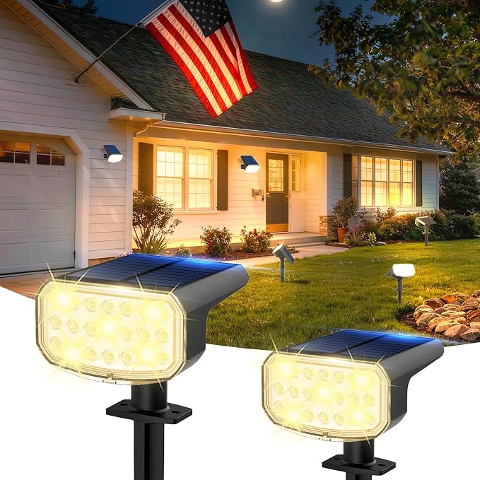 JEJOT Solar Lights Outdoor Waterproof IP65, Super Bright LED with Lens, 3000K 2 Lighting Modes, Solar Powered Yard Garden Solar Spot Lights for Outside Landscape Auto On/Off -2 Pack