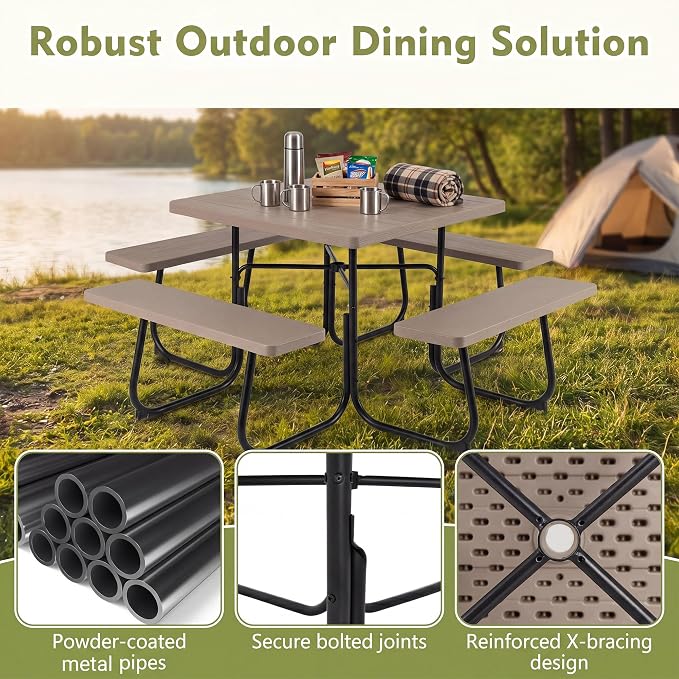 GYMAX Picnic Table Bench with Umbrella Hole, 8 Person Square Outdoor Picnic Table with Metal Frame & HDPE Tabletop, Camping Table for BBQ Yard Patio, 2300LBS Capacity (Coffee)