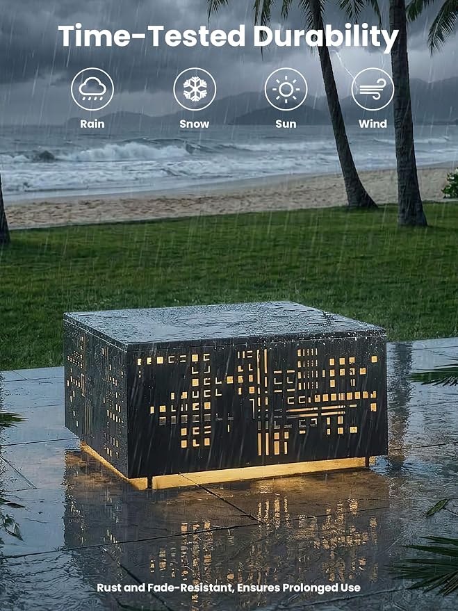 27" Outdoor Solar-Light Coffee Table with Geometric Cut-Out Design, Square Accent Coffee Table with Umbrella Hole, All Weather-Resistant Side Table for Patio, Garden, Deck, Grey