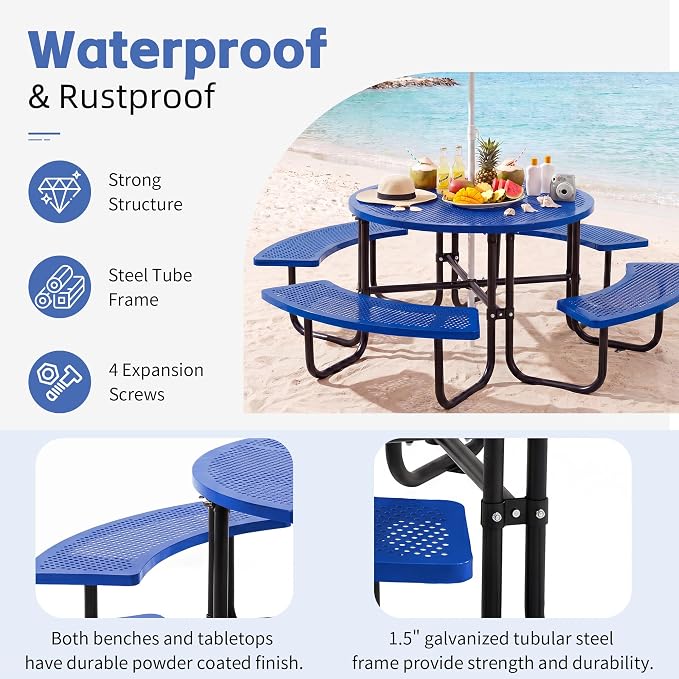 46" Outdoor Round Perforated Picnic Table Metal Camping Table with Umbrella Hole - Heavy Duty Steel Mesh Picnic Bench Set for Backyard Garden Deck, Blue