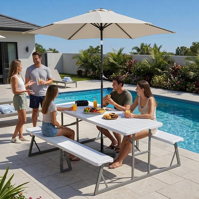 VINGLI Outdoor Picnic Table with Umbrella Hole, 6FT All Weather Metal Frame HDPE Tabletop Plastic Picnic Table for Dining Party Garden(White)