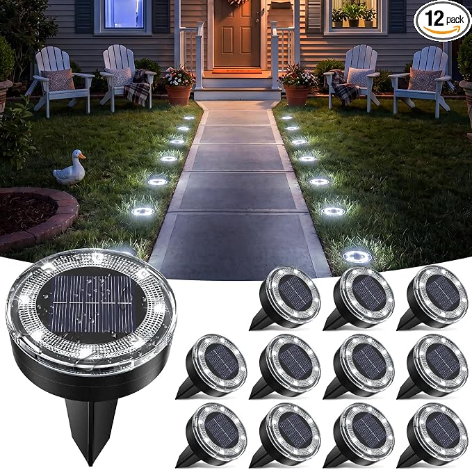 Mini Solar Ground Lights, 12 Pack 2.2 Inch Solar Lights Outdoor Waterproof, Mow‑Over Safe, Upgraded LED Flat Landscape Lighting for Outside Pathway Garden Patio Yard Driveway,Cold White