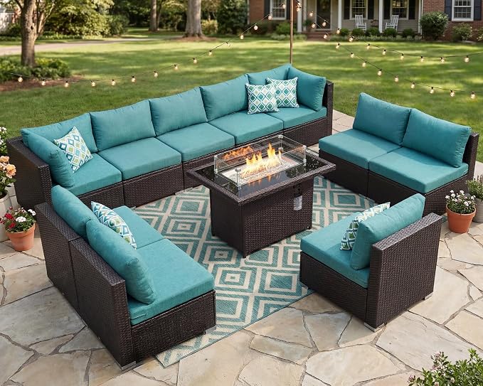 NICESOUL Modern Outdoor Couches with Firepit Table Propane/Natural Gas, 29.3'' High Back Comfy Conversation Set with Fireplace, 10 Seater Large Wide Patio Furniture Set, Brown Rattan and Teal Cushion