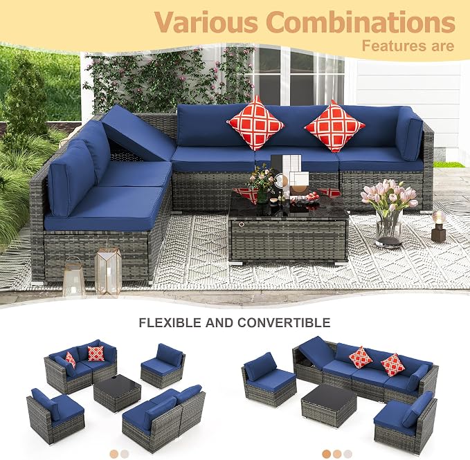 HOMREST 7 Piece Outdoor Patio Furniture, Hand Woven PE Rattan Patio Conversation Sets, Outdoor Sectional Set with Storage Table, Cushions and Pillows, Lift Sofa for Garden, Balcony, Lawn (Navy Blue)