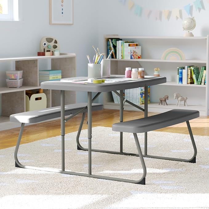 BizChair Easy-Fold Kids Outdoor Picnic Table and Benches - Commercial Grade Folding Plastic Play Table - Recommended for up to Age 5 - Gray