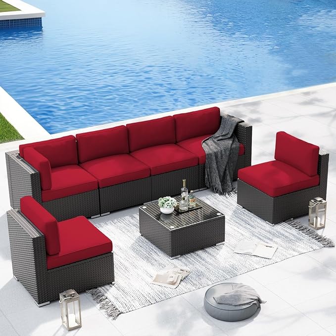7 Piece Outdoor Sectional Sofa Patio Furniture Set Wicker with Cushions and Coffee Table, Outdoor Conversation Set for Backyard Garden Deck Lounge(Red)
