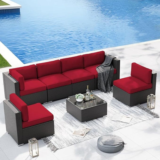 7 Piece Outdoor Sectional Sofa Patio Furniture Set Wicker with Cushions and Coffee Table, Outdoor Conversation Set for Backyard Garden Deck Lounge(Red)