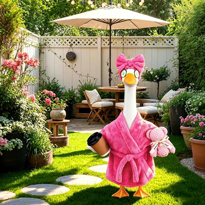 Celltestria Lady Goose Outfits for 23" Geese Pink Bathrobe Porch Goose Costume Coffee Cup Bear Cucumber Eye Mask Goose Clothes for Outdoor Patio Yard Lawn Garden Decoration