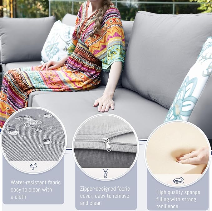 BULEXYARD 11 Piece Large High Back Outdoor Patio Furniture Sets with Firepit and Loungers, Cozy Extra Deep Wide Seating Sectional Conversation Couch Backyard Sitting Sets, Grey Wicker & Gray Cushion