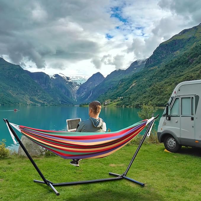Outdoor Hammock, Camping Hammock, Folding Hammock Height Adjustable Strong Load Bearing High Stability Non-Slip Pad Design Simple Installation Swing Hammock with Heavy-Duty Hammock Stand (Red)