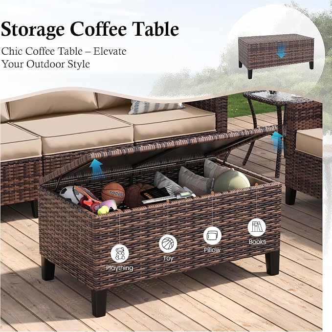 Amopatio Patio Furniture Set, Wicker Outdoor Sectional Sofa with Swivel Rocker Chairs, All-Weather Rattan Conversation Set, Storage Coffee Table, Waterproof Cover for Backyard, Deck Brown/Khak 5 PCS