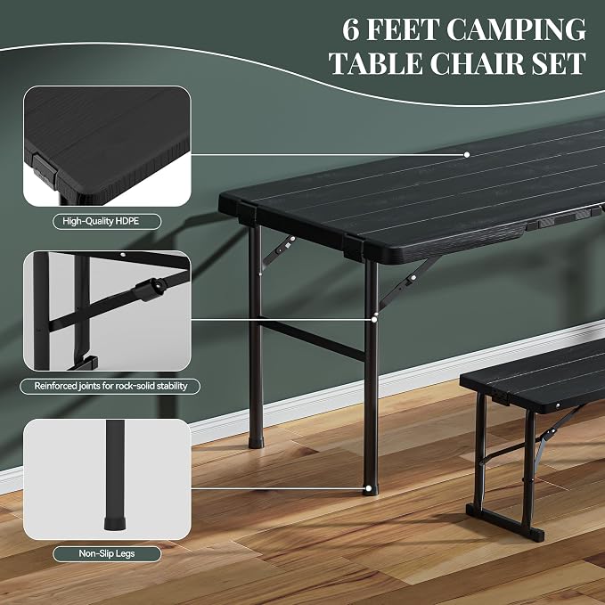 6FT All-in-One Folding Table and Chair Set, Seats 6-8, Chairs Store Inside to Form Carrying Case, Heavy Duty HDPE & Steel, Portable Space-Saving for Outdoor, Party, Camping, Picnic,Black