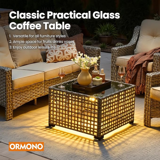 4 Piece Outdoor Patio Furniture Set, All Weather Waterproof Wicker High Back Conversation Set, Two Single Chairs, Solar Light Coffee Table, Outside Furniture for Porch Balcony, Beige