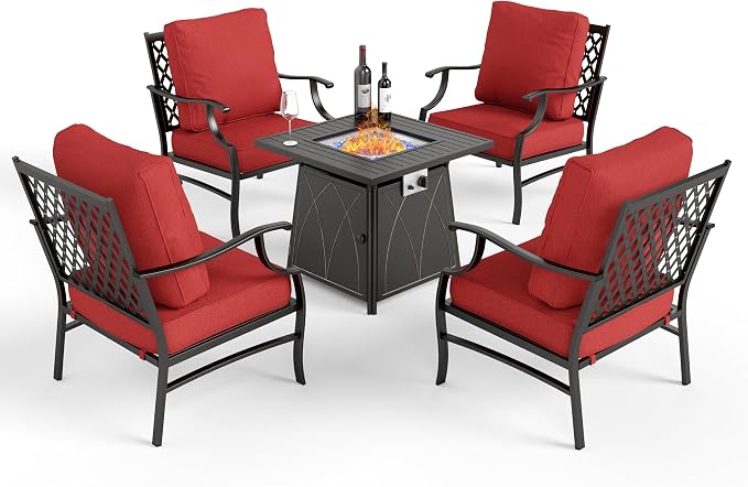 MIXPATIO Patio Furniture Set with Fire Pit Table, 5 Pcs Metal Outdoor Conversation Set, 4 Single Chairs with 5.75" Extra Thick Cushion and 28" Fire Pit Table for Backyard Deck, Red