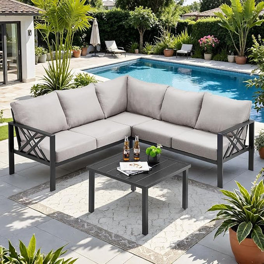 Patio Furniture Set, 6-piece Metal Sectional Furniture Sofa with Coffee Table, L Shaped Outdoor Couch with Olefin Cushion, Highback Frame, Outdoor Patio Conversation Sets for Balcony Backyard, Grey