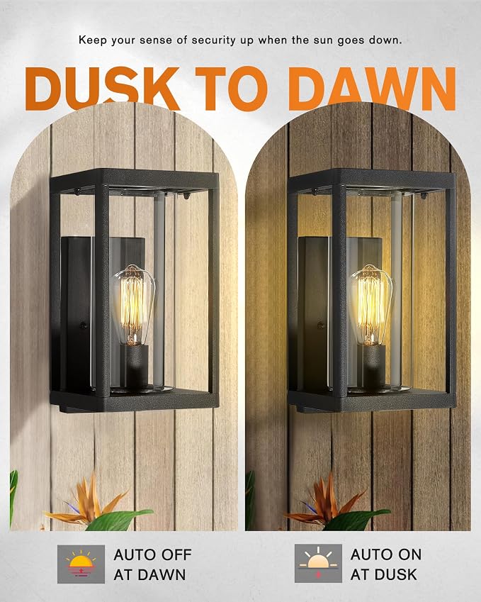 Beionxii Dusk to Dawn Outdoor Wall Lights, Modern Exterior Wall Sconces Porch Lantern, Black Cast Aluminum w/Clear Cylinder Glass - A291W-2PK