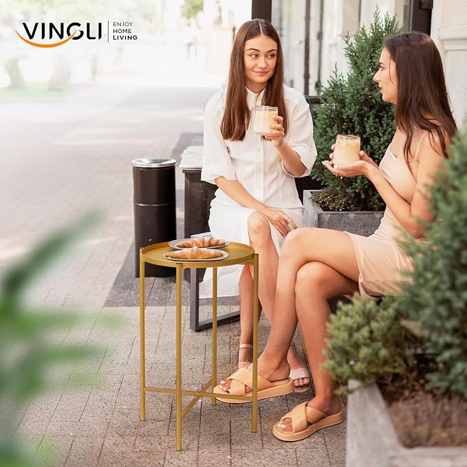 VINGLI Round Metal Side Table with Removable Tray, Outdoor Patio Coffee Table, Waterproof End Table for Small Spaces, Outdoor Patio, Living Room, Bedroom, Balcony (X-Brace & Non-Slip Pads) (1, Gold)