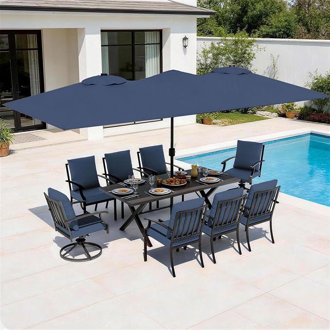 10 Piece Outdoor Dining Set for 8, Patio Table and Chairs Set with Umbrella, Metal Patio Furniture Set with 2 Swivel Chairs, Outdoor Table and Chairs with Cushions for Lawn, Garden, Yard-Navy
