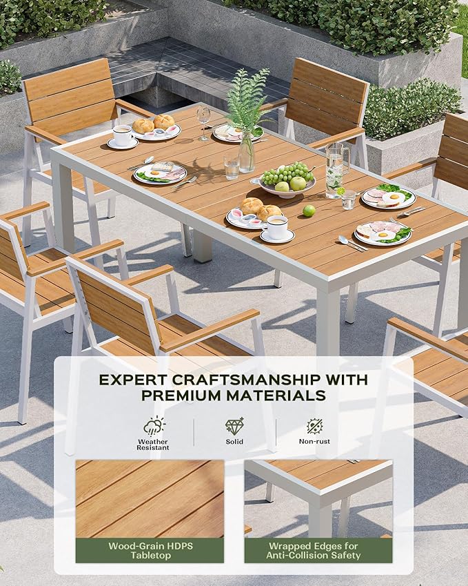 Vexwalx 5-Piece Outdoor Dining Set, Aluminum Dining Table Set for 4, Patio Table and Chairs Set with Umbrella Hole, All Weather HDPS Outdoor Table and Chairs for 4 (White-Teak)