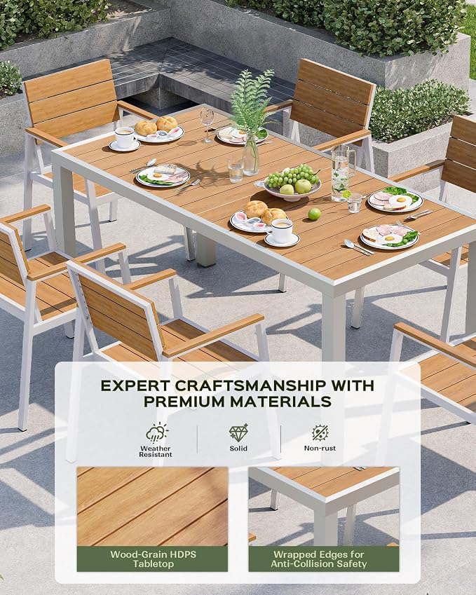 Vexwalx 67" HDPS Outdoor Patio Dining Table, Aluminum-Edged Outdoor Dining Table with Umbrella Hole, Weather-Resistant for Lawn, Garden, Poolside and Indoor Use, White & Teak