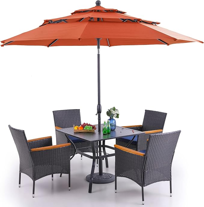 PHI VILLA 5pc Patio Dining Set with Umbrella, Square Table, Rattan Chairs | 37" Metal Table, Cushioned PE Rattan chairs, 10ft Red 3 Tier Auto-tilt Umbrella (Base Not Included)