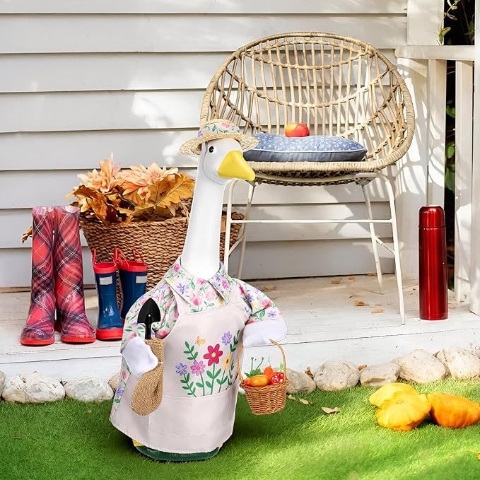 Floral Garden Porch Goose Outfits 23 Inch Geese Statue Costume with Hat Basket Shovel Goose Clothes for Spring Outdoor Garden Lawn Patio Decor