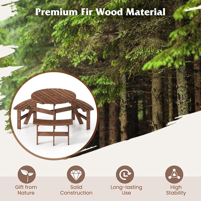 Tangkula 6-Person Wood Picnic Table, Outdoor Round Table and Bench Set with 3 Built-in Benches, Umbrella Hole, Perfect for Outside, Patio, Garden, Backyard, Porch (6-Person,Brown)