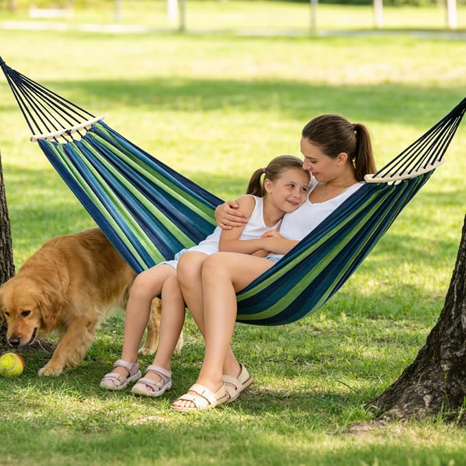 Canvas & Wood Hammock, Blue-Green Striped, 129.9x59.1 Inches, Extra Large Double Hammock, 500 LBS Weight Capacity, Portable with Storage Bag & 2x9.8ft Tree Ropes, Includes Installation Manual, for Out