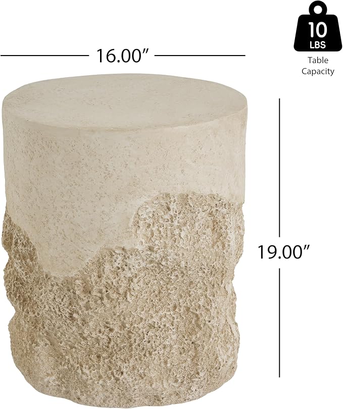 LUMISOL Agnes Outdoor Patio Rugged Coral-Texture Round MGO Side Table, Beige Finish, Organic Neutral Tone Accent for Bohemian & Coastal Homes
