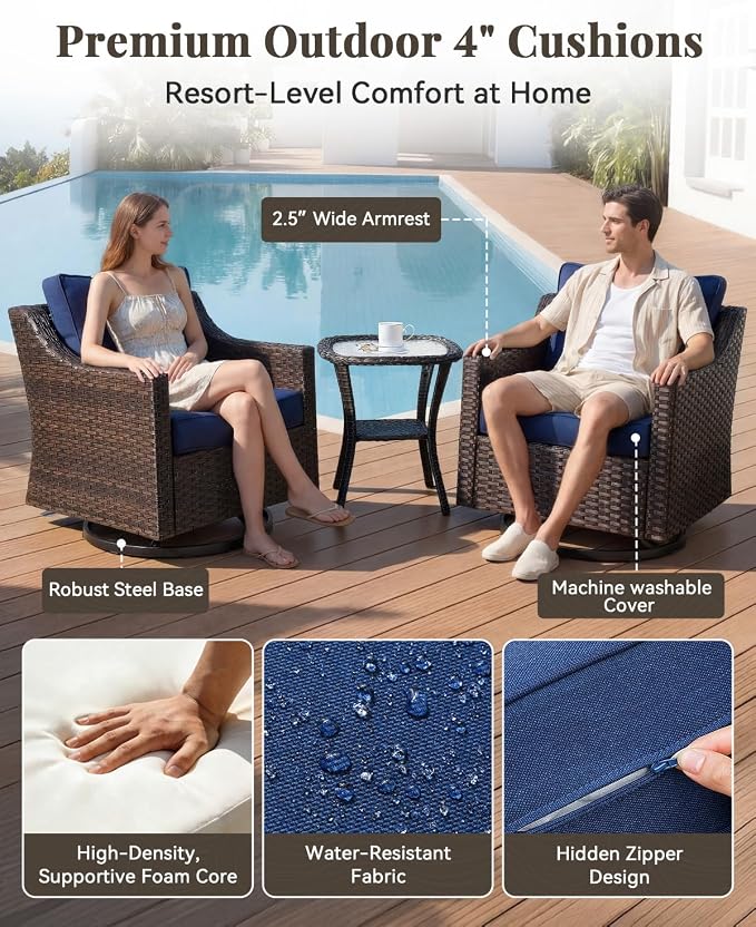 Patio Furniture Set 5 Pieces Luxury Outdoor Swivel Rocker Chairs and Ottomans, Easy Assembly Conversation Set for Porch Deck Balcony Yard in Brown Wicker and Blue Cushions