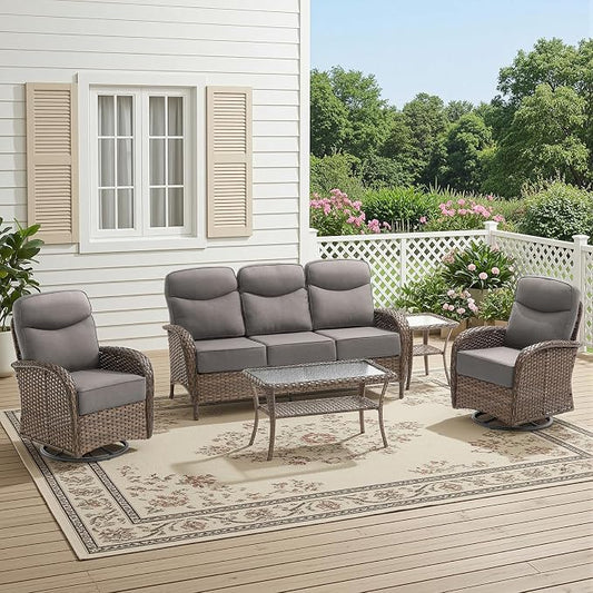 HUMMUH 5-Piece Patio Furniture Set with 6" Thick Cushion High Back Outdoor Swivel Rocker Chairs,3-Seater Sofa,Coffee Table & Ottomans,Wicker Outdoor Conversation Set for Deck, Porch,Poolside