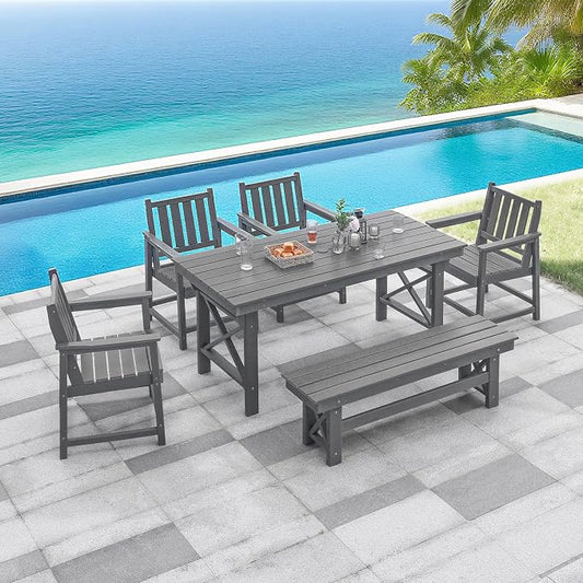 HDPE Outdoor Dining Set for 6, Patio Dining Furniture Set with Umbrella Hole Cut-Out Table and 1 Bench and 4 Chairs, All Weather Outdoor Dining Bench Sets, Gray