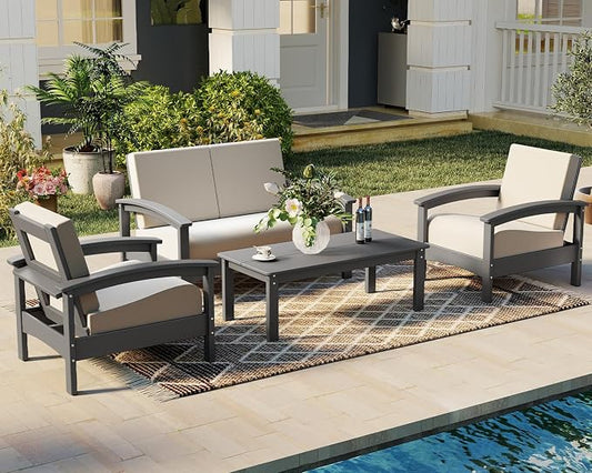 GREENVINES Deluxe 4-Piece Patio Furniture Set | HDPE Plastic | Outdoor Sectional Conversation Sets | All-Weather Couch | Sofa with Coffee Table | Black Frame w/Beige Cushion | for Porch Lawn | Gray