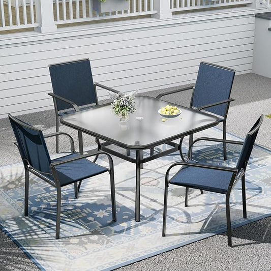 Outdoor Patio Set, 37" Square Glass Dining Table and 4pcs Stackable Chairs, All-Weather Patio Furniture Set with 1.7" Umbrella Hole for Garden Backyard Lawn Poolside