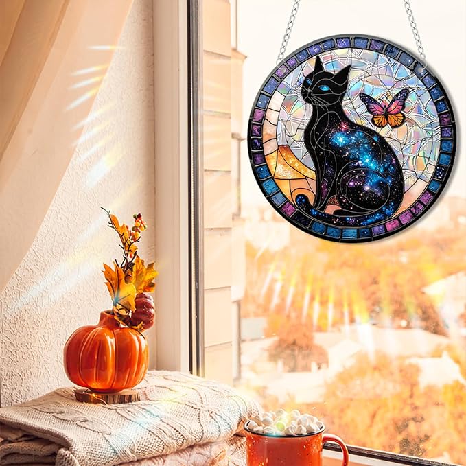 Acrylic Suncatcher Window Hanging, Black Cat Sun Catcher Rainbow Indoor Window Decoration for Living Room Bedroom Summer Home Balcony Ornaments, 7.87 inches