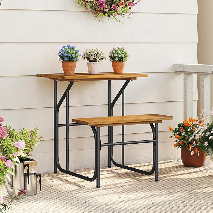 HAPPYGRILL Acacia Wood Picnic Table Bench Set, Dining Table and Bench Set with Heavy Duty Metal Frame, for Patio Porch Garden and Backyard
