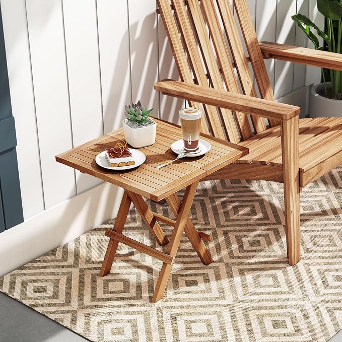 RELAX4LIFE Folding Outdoor Side Table - Teak Wood End Tables, 20'' Square Coffee Bistro Table w/Slatted Tabletop, Portable Picnic Camp Tables for Poolside Porch Garden, Foldable Small Patio Table