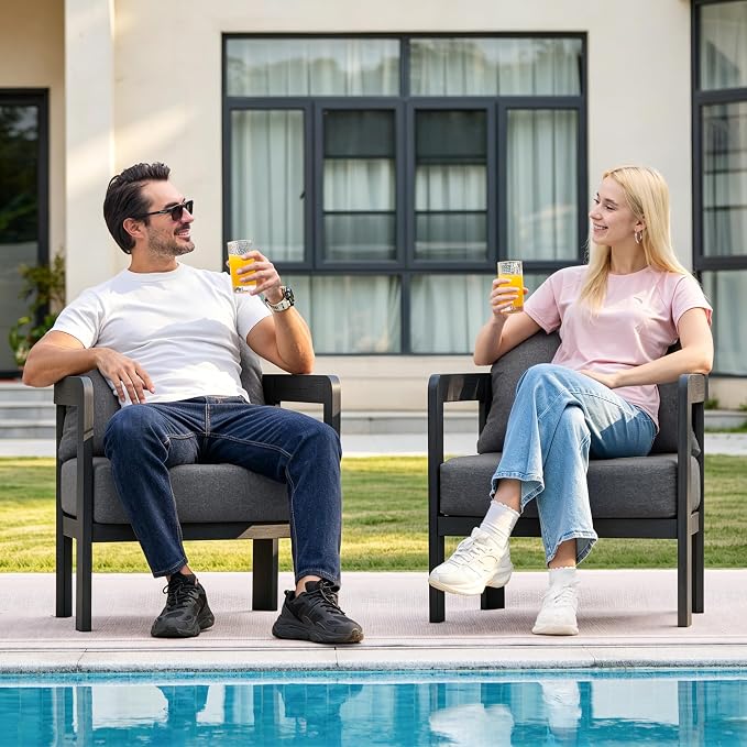 Outdoor Furniture Set, 2Pcs Patio Armchairs, Metal Modern Outside Furniture with 6'' Thick Cushions, Outdoor Conversation Set Balcony Chairs for Backyard, Porch,Deck, Black&Grey