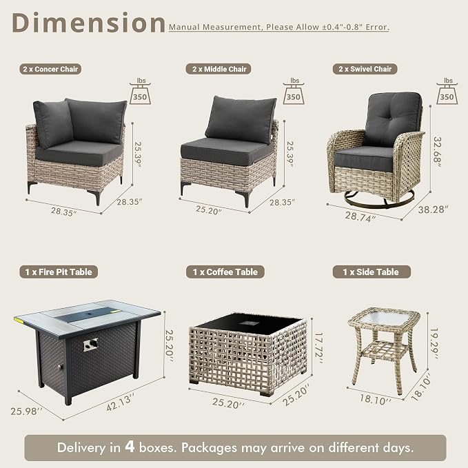 9 Pieces Patio Sectional Furniture Set, Outdoor Wicker Sectional Couch with Firepit Swivel Rocker Chairs Solar Lights Table, Modern Conversation Set for Porch Balcony Backyard, Black