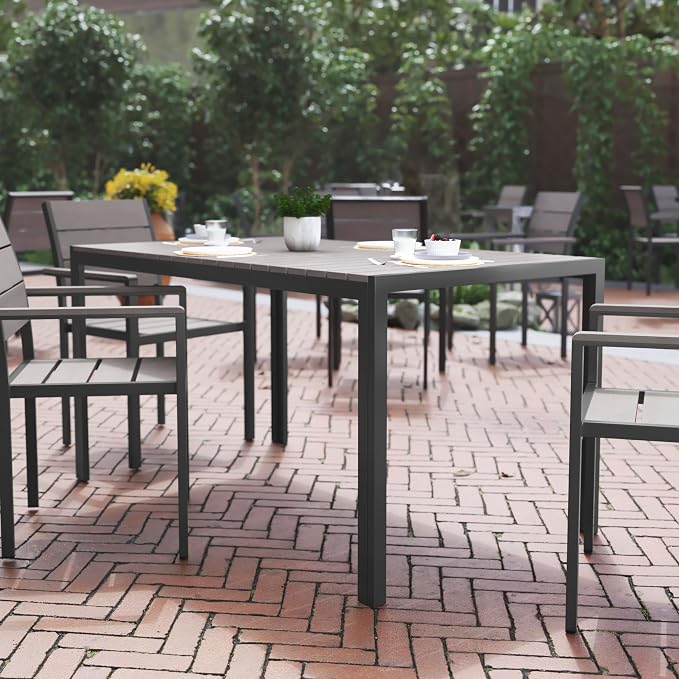 Flash Furniture Finch Commercial Grade Outdoor Dining Table 55" x 31" with Faux Teak Poly Slats and Metal Frame, Gray/Gray