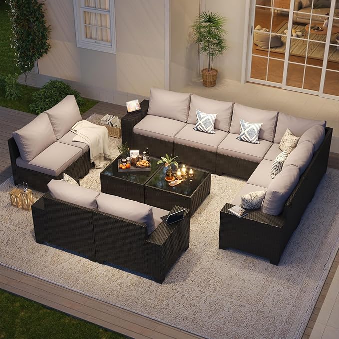 Aoxun Patio Furniture Set, 12 Pcs Outdoor Patio Furniture Sets with 4 in Thicken Cushion, Widen Armrests Wicker Outdoor Sectional for Backyard & Garden, Grey