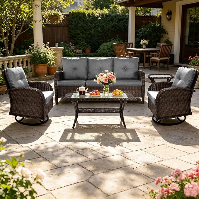 SHGJ&SOFT All Weather Patio Furniture Set, High Back Swivel Rocker Glider Chairs，Ottomans & Glass Tables, Outdoor Conversation Set for Deck Porch Yard Poolside (Grey, 5PCS-Sofa&Swivel Chairs&Tables)