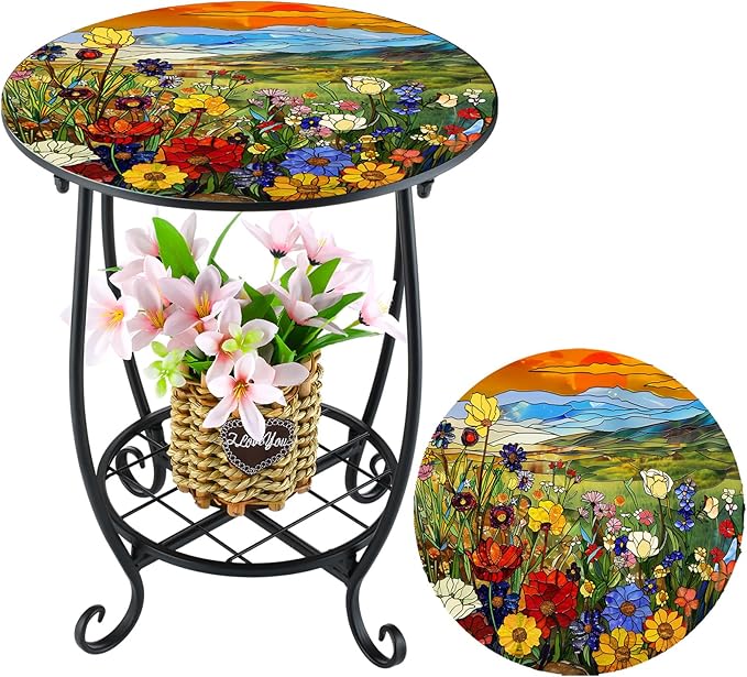 Cinnvoice Outdoor Side Table Round Small Mosaic Patio Accent Indoor End Plant Coffee Tea Table for Yard Patio Porch Garden Living Room, Bedroom(Flower Style,14 Inch)