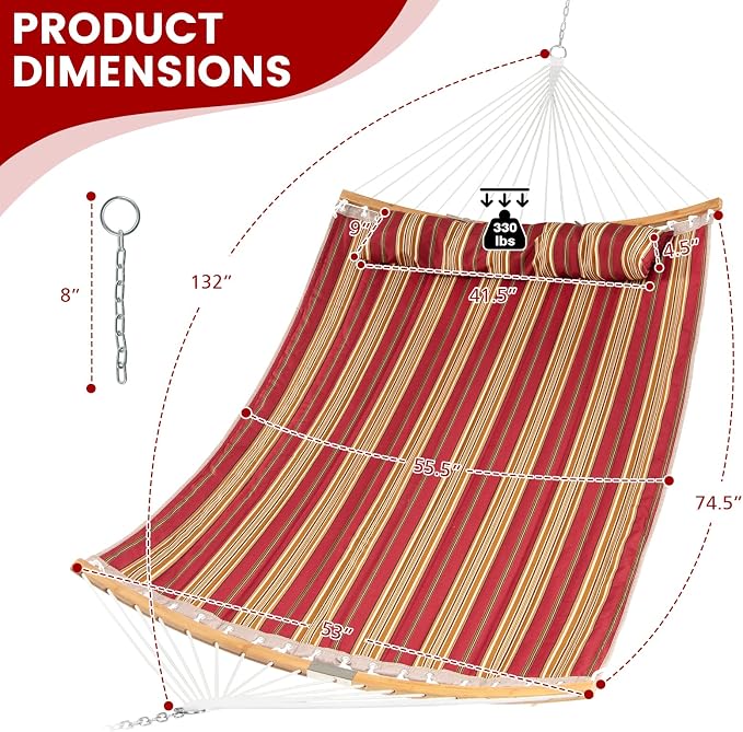 Tangkula 11FT Double Hammock, Heavy Duty Outdoor Hammock with Curved Spreader Bars, Detachable Pillow, 2 Person Hammocks for Outside, Porch, Patio (Red)