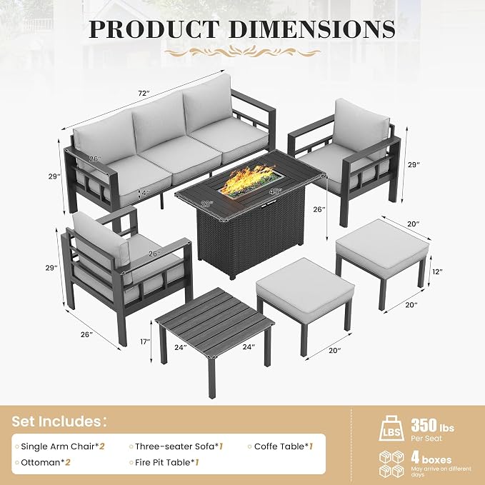 UDPATIO Aluminum Outdoor Furniture Set with 2 Ottomans and Fire Pit Table, 7 Pieces All-Weather & UV-Resistant Patio Sectional Sofa Set for Deck, Backyard, Poolside, Light Gray