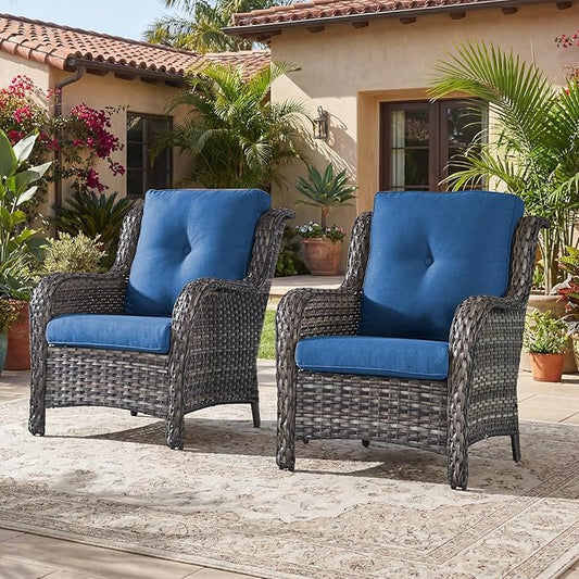 Rilyson Patio Chairs Outdoor Wicker Chair - Rattan Dining Chairs Porch Chairs Outside Club Chairs with High Back and Deep Seating(Mixed Grey/Blue)