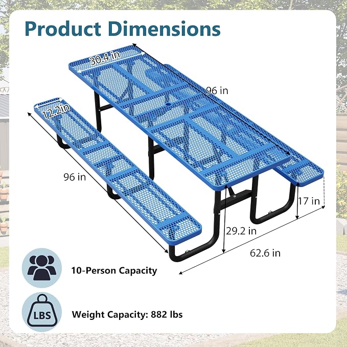 96" Heavy Duty Outdoor Picnic Table for 10, Galvanized Steel Frame with Umbrella Hole, 882LBS Capacity, Mesh Top – Picnic Camping Patio Garden