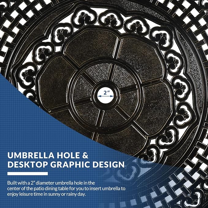 38.5 Inch Outdoor Dining Table Round Patio Table Bronze Cast Aluminum Rustic Large Table with Umbrella Hole
