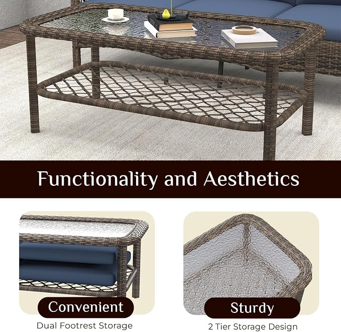 AECOJOY Patio Furniture Set Outdoor Sectional Sofa Couch and High Back Swivel Rocker Patio Chairs 6PCS Brown Wicker Conversation Set (6PCS- Whole Set, Dark Blue)